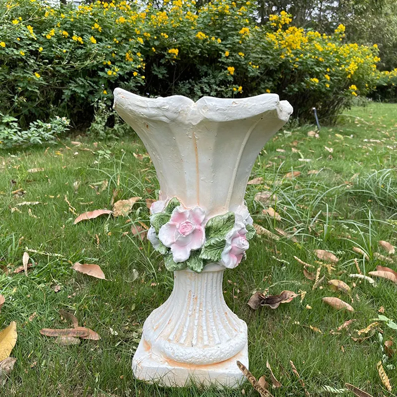 Garden Decor Supplies European Outdoor Resin Large Flower Pot  3D Luxury Carving Roman Columns Floor Vase Ornament