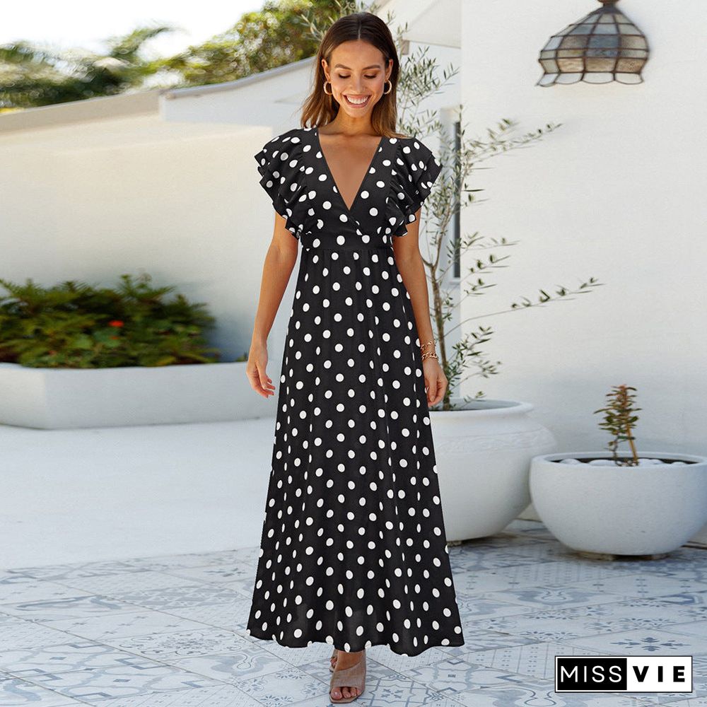 Polka Dot V Neck Cap Sleeve Maxi Dress