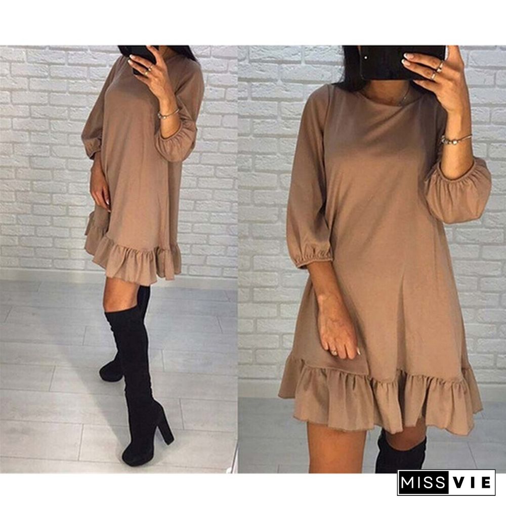 Fashion Women Spring Autumn Knitted Ruffles Pullover Dresses O-Neck Long Sleeve Dress