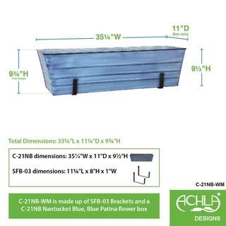 ACHLA DESIGNS 35.25 in. W Nantucket Blue Large Galvanized Steel Flower Box Planter With Wall Brackets C-21NB-WM