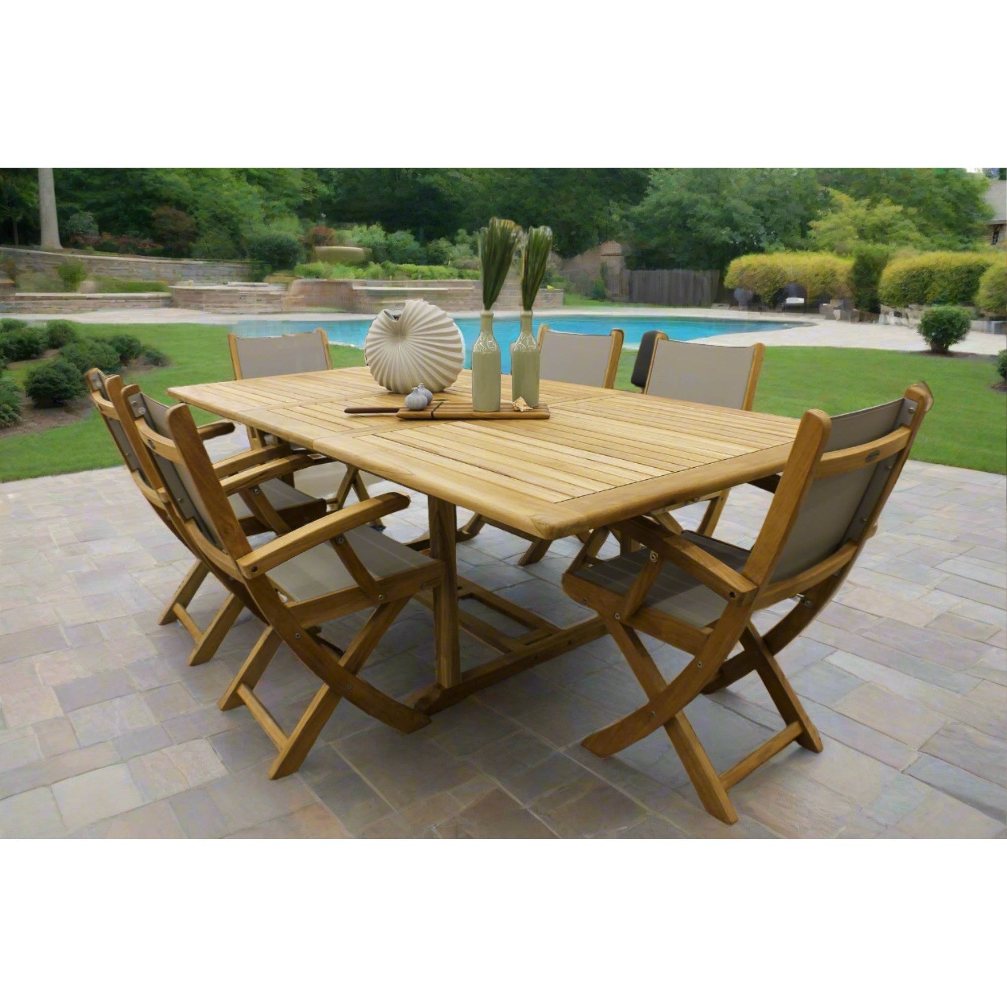 Bali Teak 7pc Outdoor Dining Set (Teak Rectangular Extendable Table 70-94 with 6 Teak Folding Yacht Amrchairs)