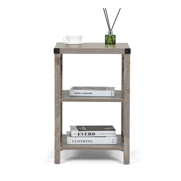 Wood End Table with 3-Tier Storage Shelves and X-Shaped Metal Support