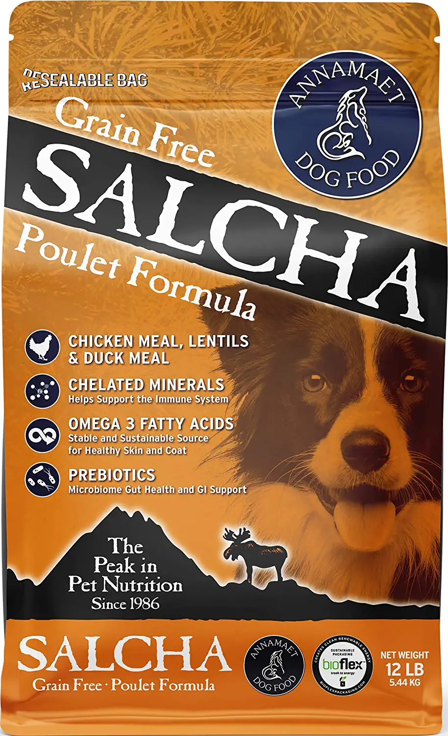 Annamaet Grain-Free Salcha Poulet Formula Dry Dog Food (Chicken and Duck) 12-lb Bag， Brown