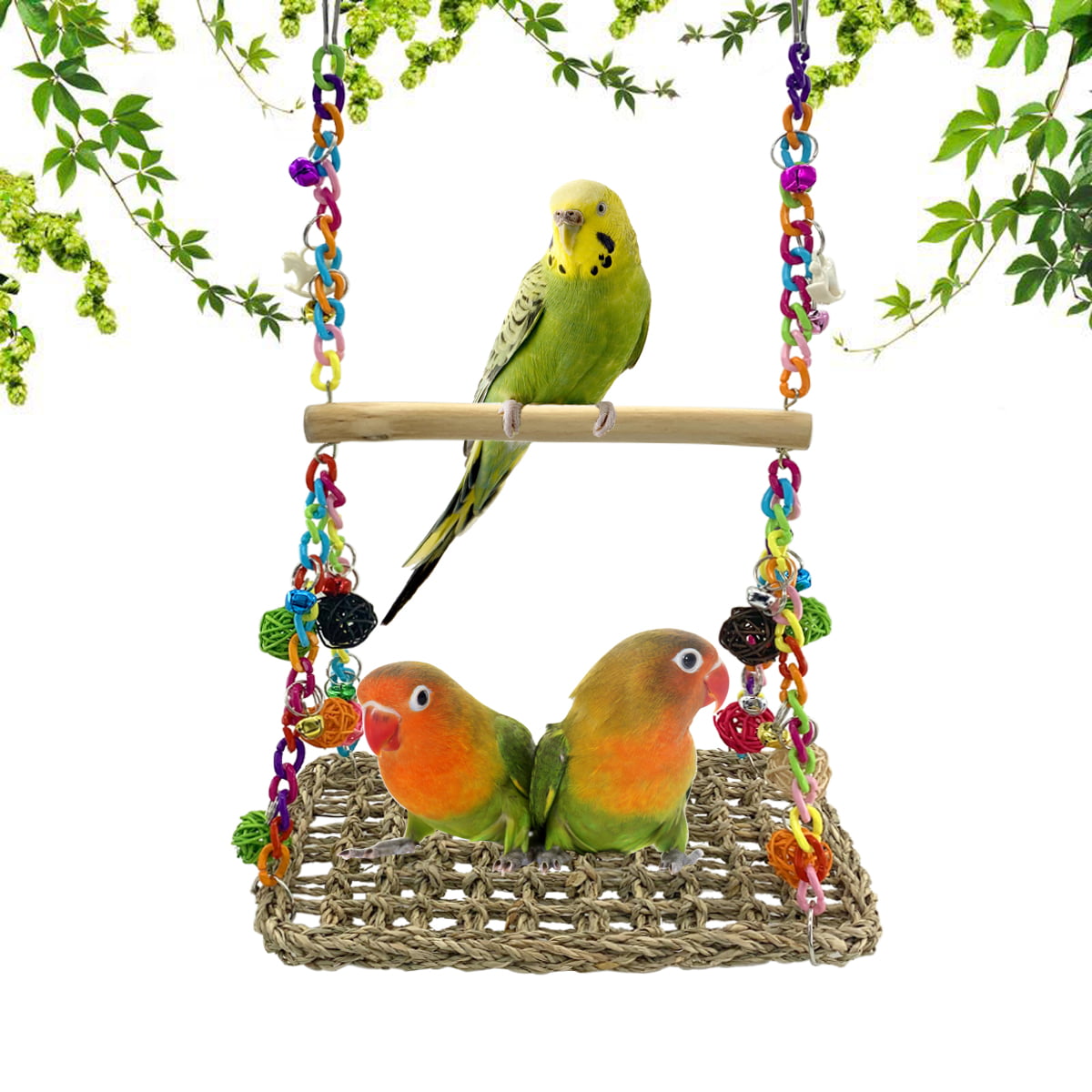 Bird Seagrass Swing Toys with Wood Perch Bird Parrot Trapeze Swing Seagrass Bird Climbing Hammock Bird Perch Stand Chewing Toy for Lovebird， Cockatiel， Budgie， Conure Parrotlet， Parakeets