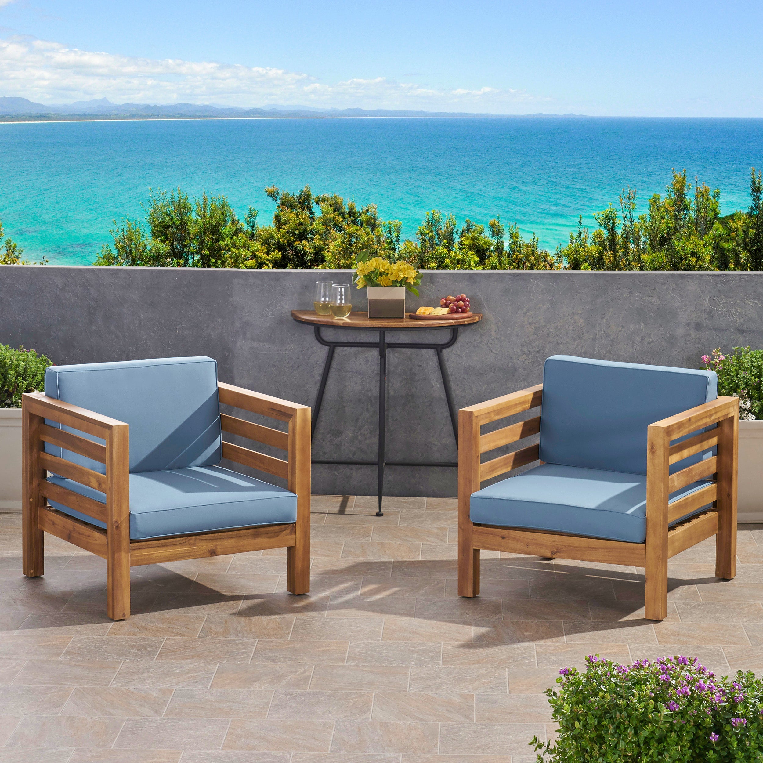 Louise Outdoor Acacia Wood Club Chairs with Cushions (Set of 2)