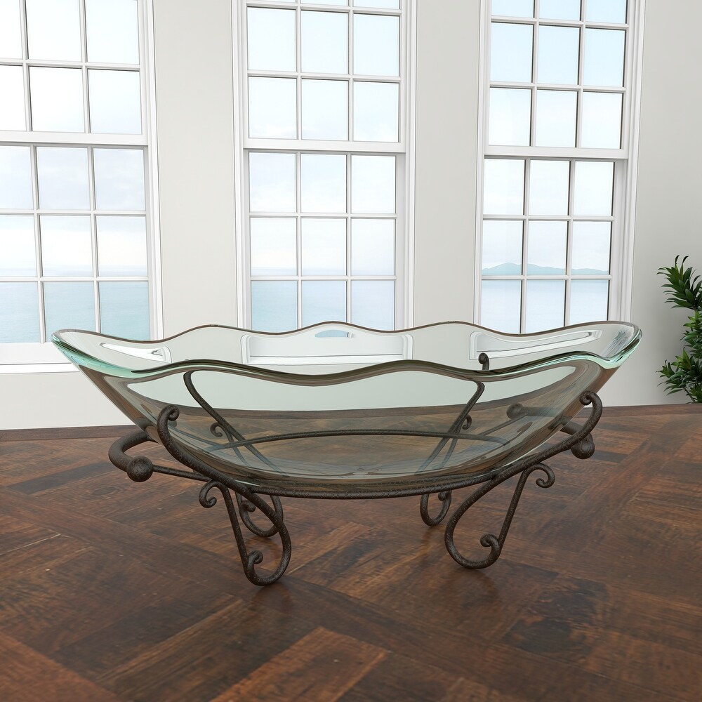 Clear Tempered Glass Kitchen Serving Bowl with Brown Metal Scroll Base