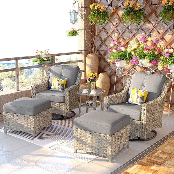 OVIOS 5 Pieces Outdoor Wicker Curved Swivel Chair Set With Ottoman