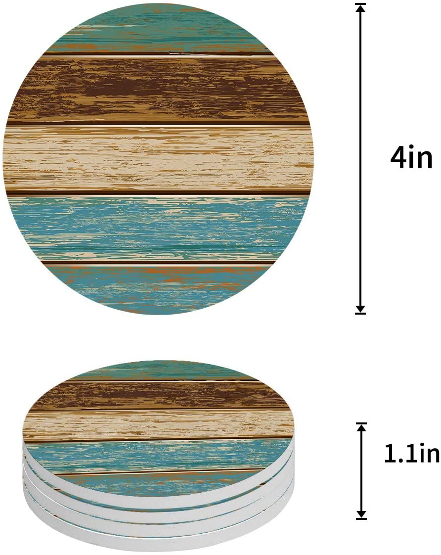 KXMDXA Blue Nautical Rustic Old Barn Wood Set of 4 Round Coaster for Drinks， Absorbent Ceramic Stone Coasters Cup Mat with Cork Base for Home Kitchen Room Coffee Table Bar Decor