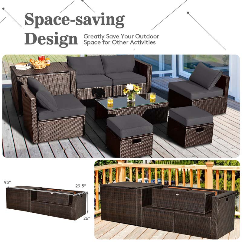 8 Pcs Rattan Patio Sectional Sofa Set with Storage Box & Waterproof Cover