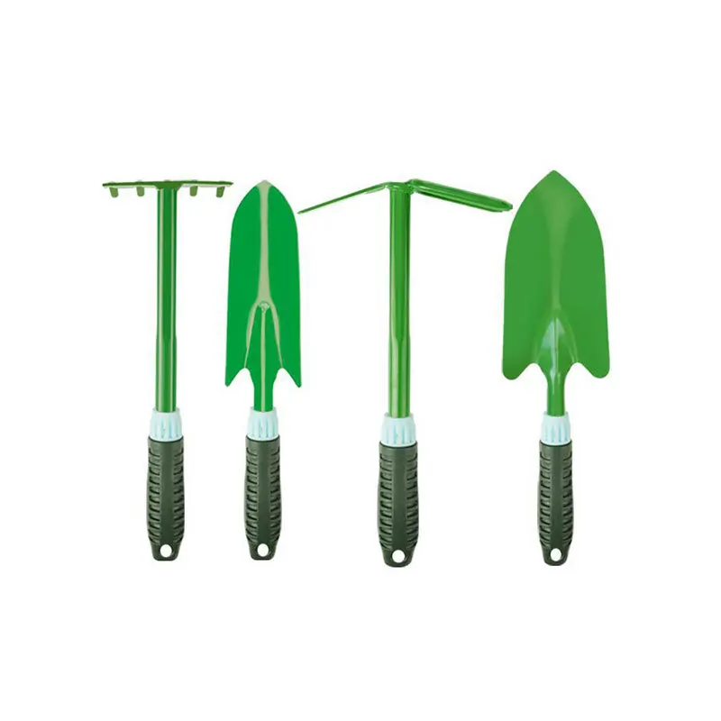 Wholesales Garden Tools 4 piece Green Gardening Hand Tools Set Multi functional Garden Metal Shovel Dual purpose Hoe Harrow