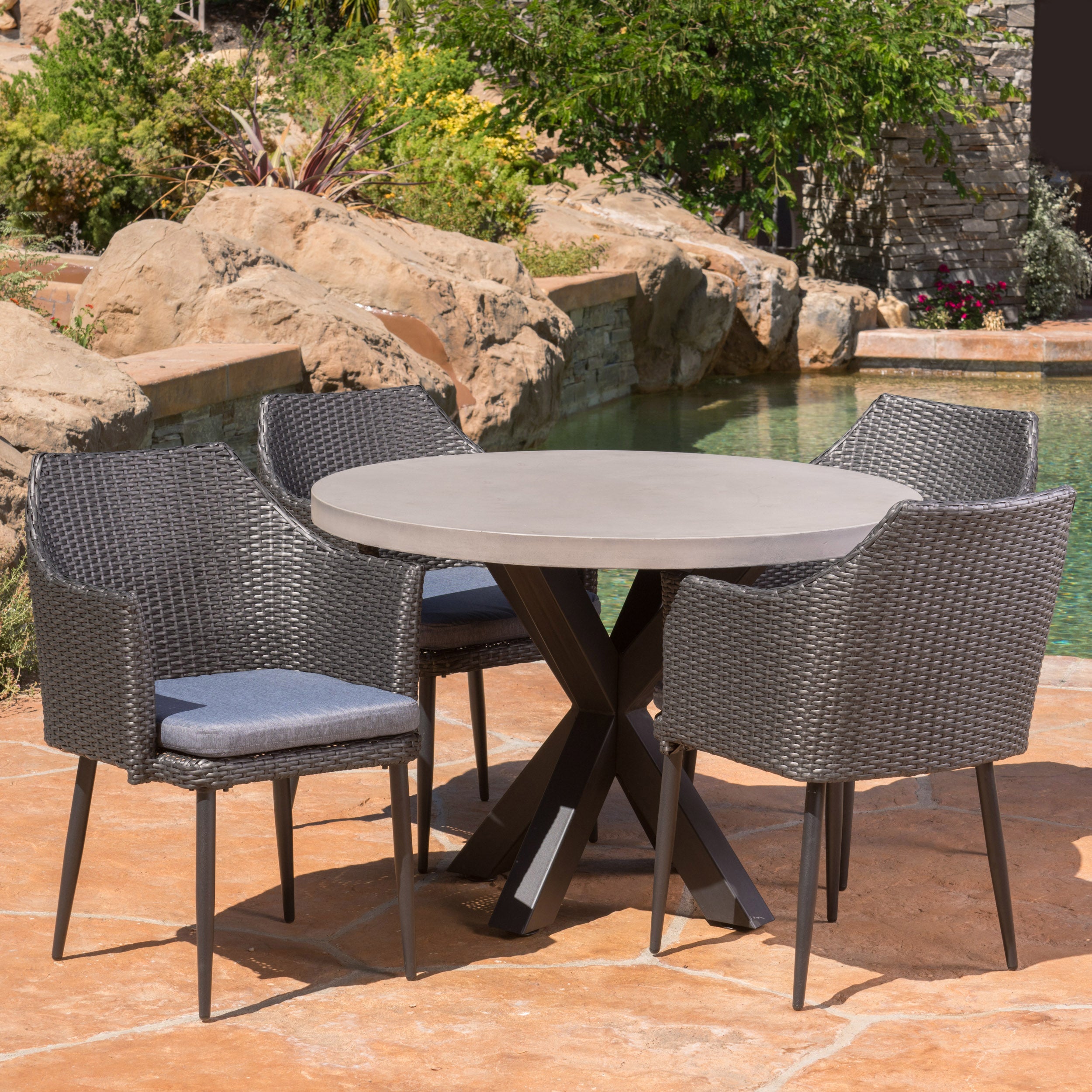 Nelson Outdoor Transitional 5 Piece Wicker Dining Set with Lightweight Concrete Table