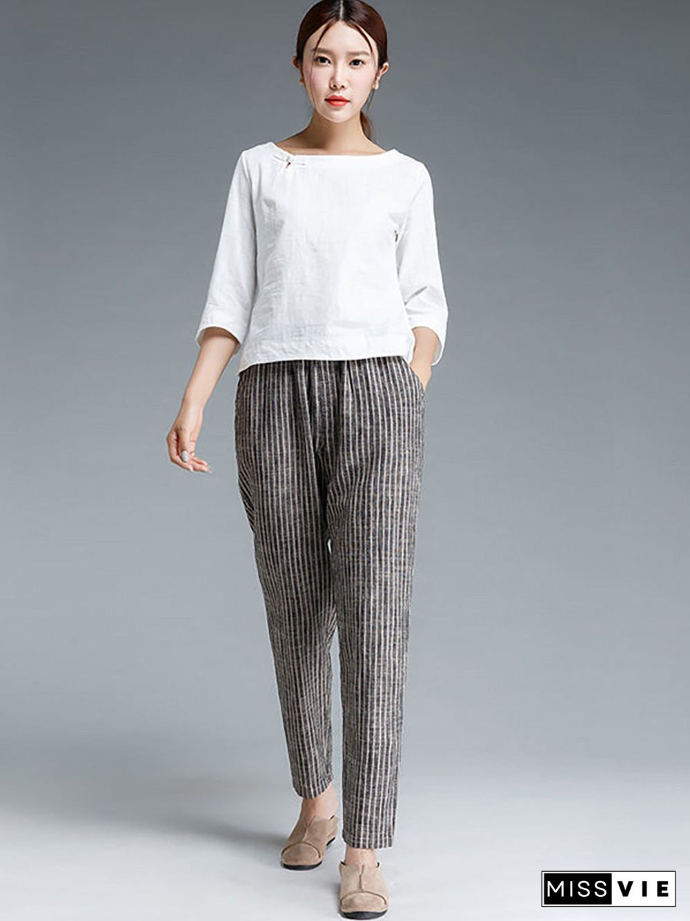 Plus Size Buykud Stripe Cotton Linen Women Pants