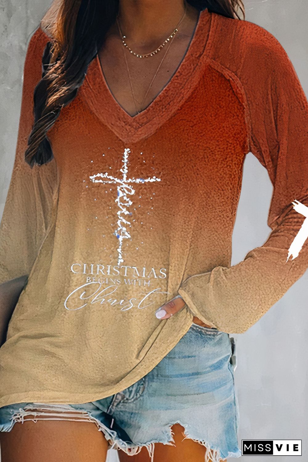 Ombre Cross Pattern V Neck T-Shirt