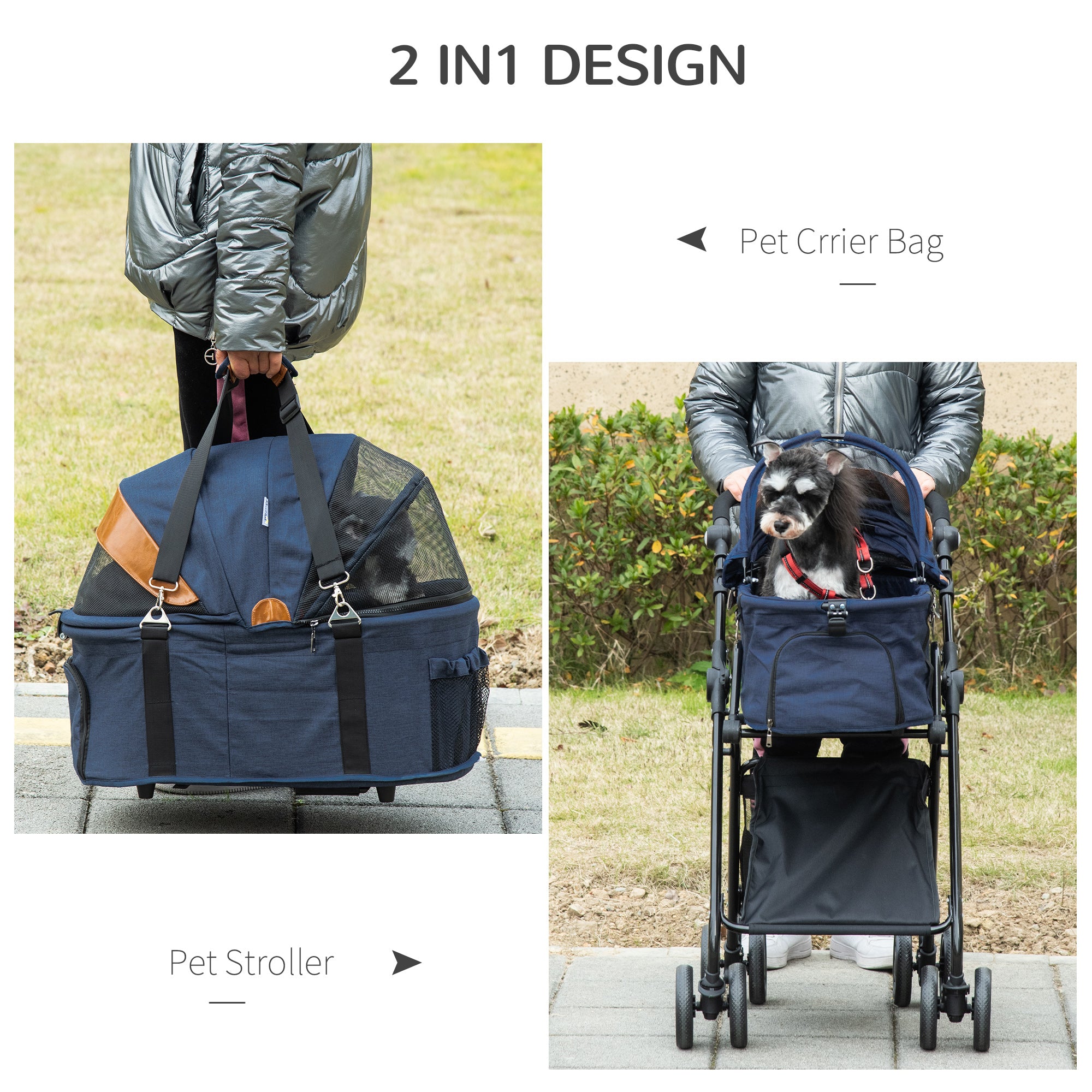 PawHut Luxury Folding Pet Stroller Dog/Cat Travel Carriage 2 In 1 Design， Black