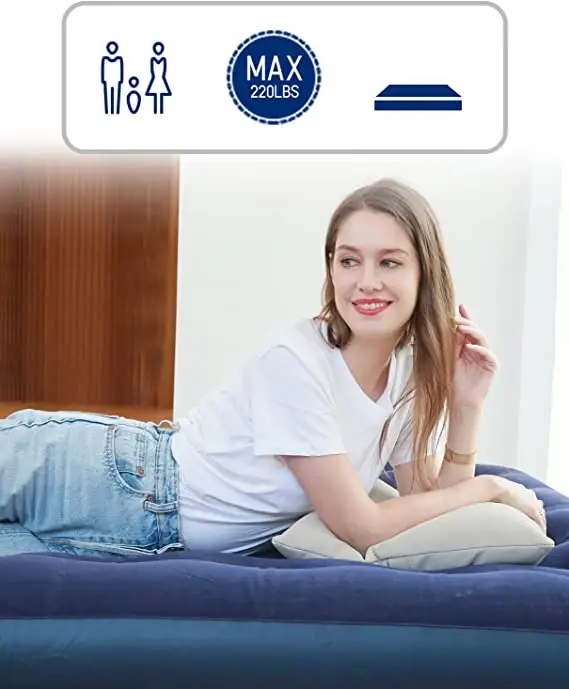 JEAOUIA Single Size Air Mattress with Pump for Inflatable   Portable Blue Blow Up Mattresses with Flocked top   Double Foldable