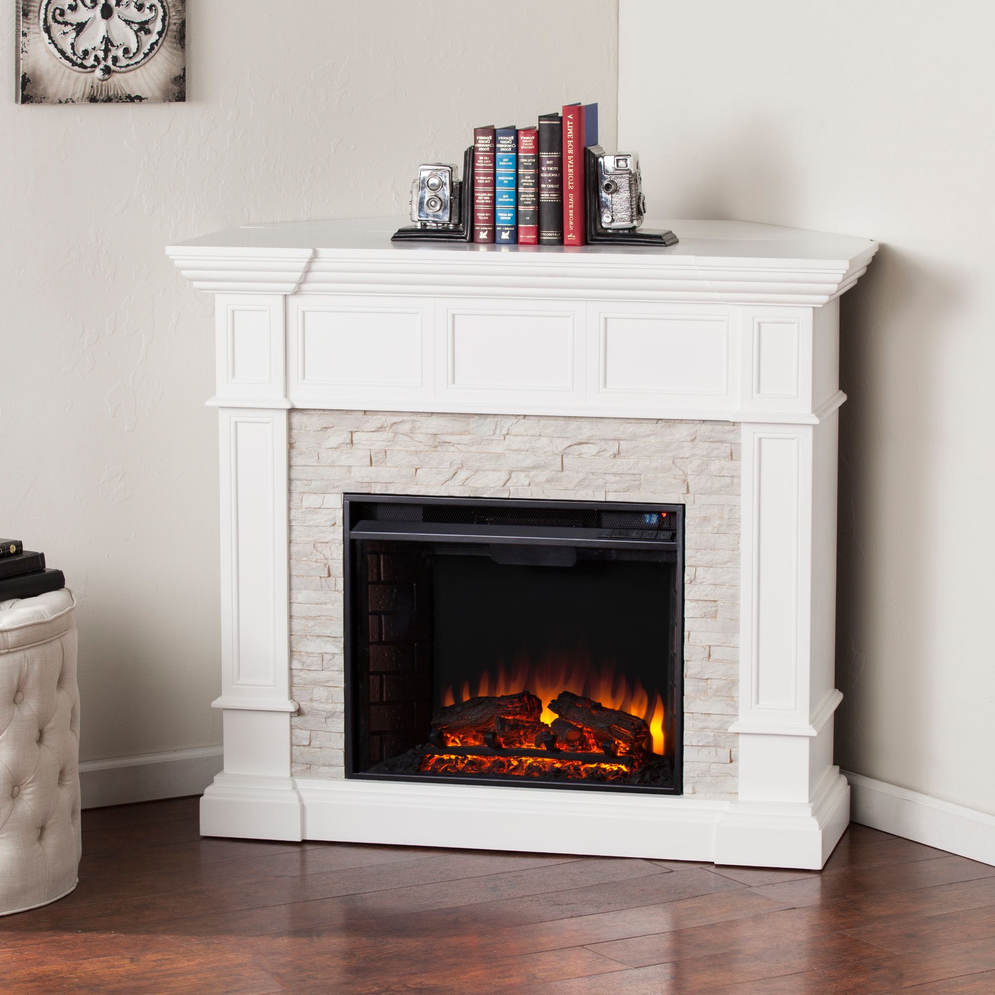 48" White and Gray Contemporary Corner Convertible Electric Fireplace