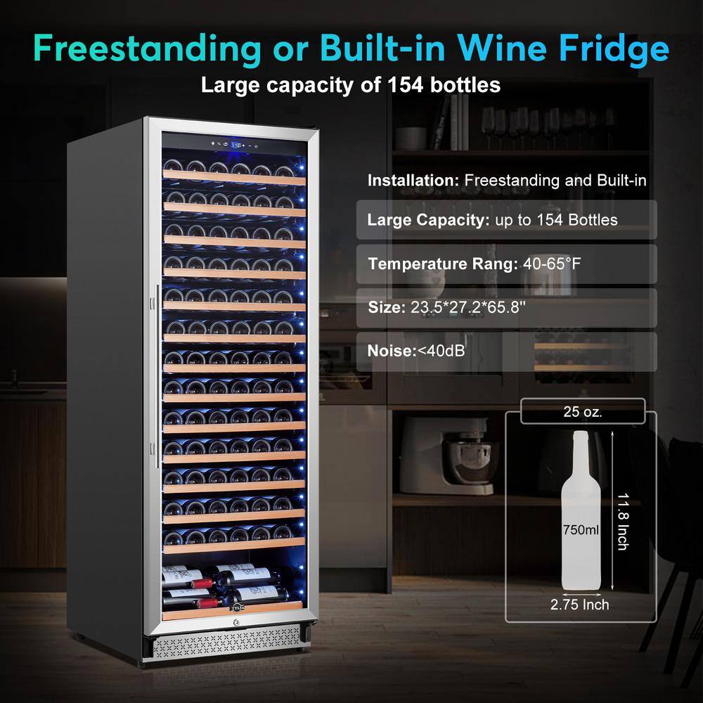 Tylza Single Zone 23.5 in. 154 Bottles Built-in and Freestanding Cellar Cooling Unit in Black Stainless Steel with Door Lock TYWC408S