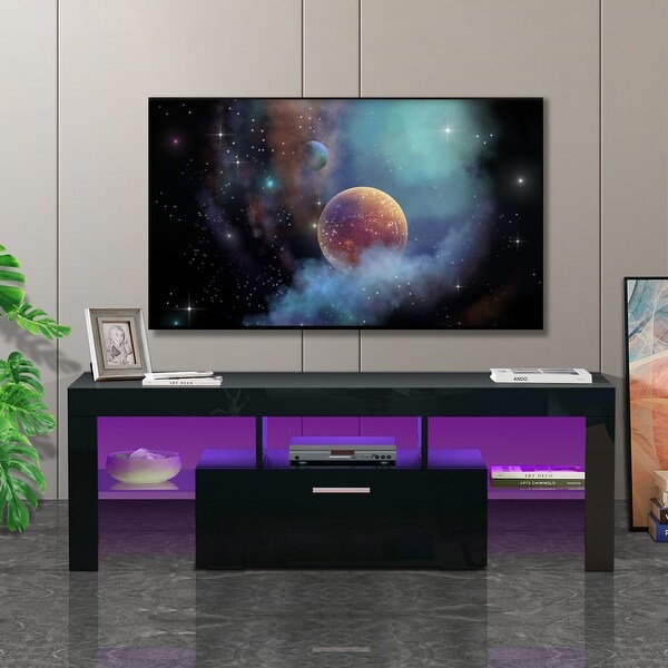 Morden RGB LED Light High Glossy TV Stand Cabinet with 1 Center Down Open Tie-Rod Big Storage Drawer and 2 Side Glass Shelf