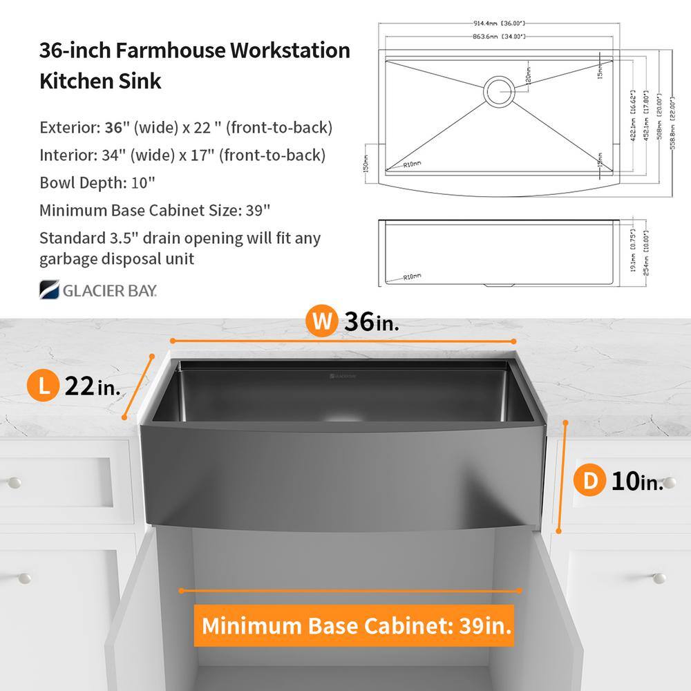 Glacier Bay Gunmetal Black Stainless Steel 36 in. 18-Gauge Single Bowl Farmhouse Workstation Kitchen Sink ACS3622A1Q-W