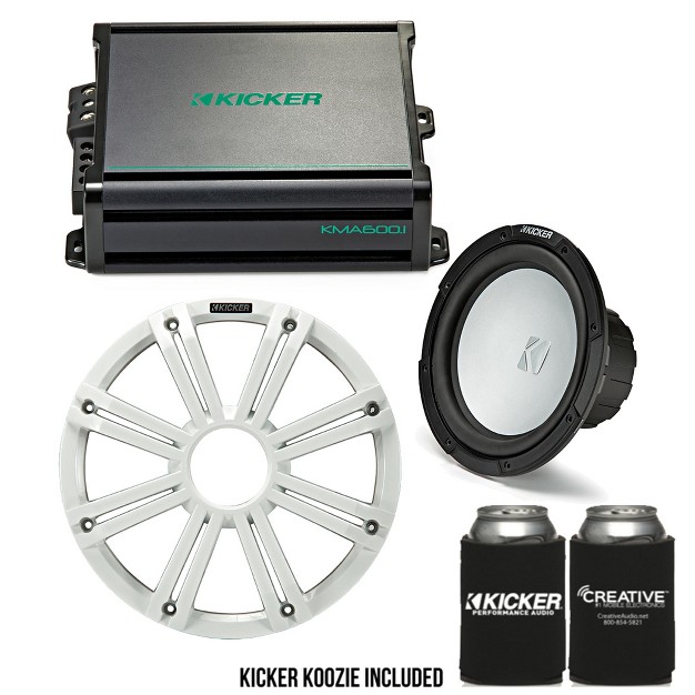 Kicker 10 Inch Led Marine Subwoofer white 600 Watt Amplifier Bundle