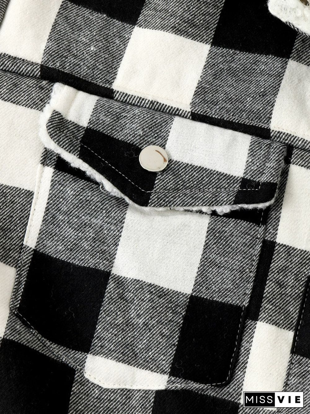 Plaid Pattern Lapel Collar Pocket Button Women Lamb Jacket