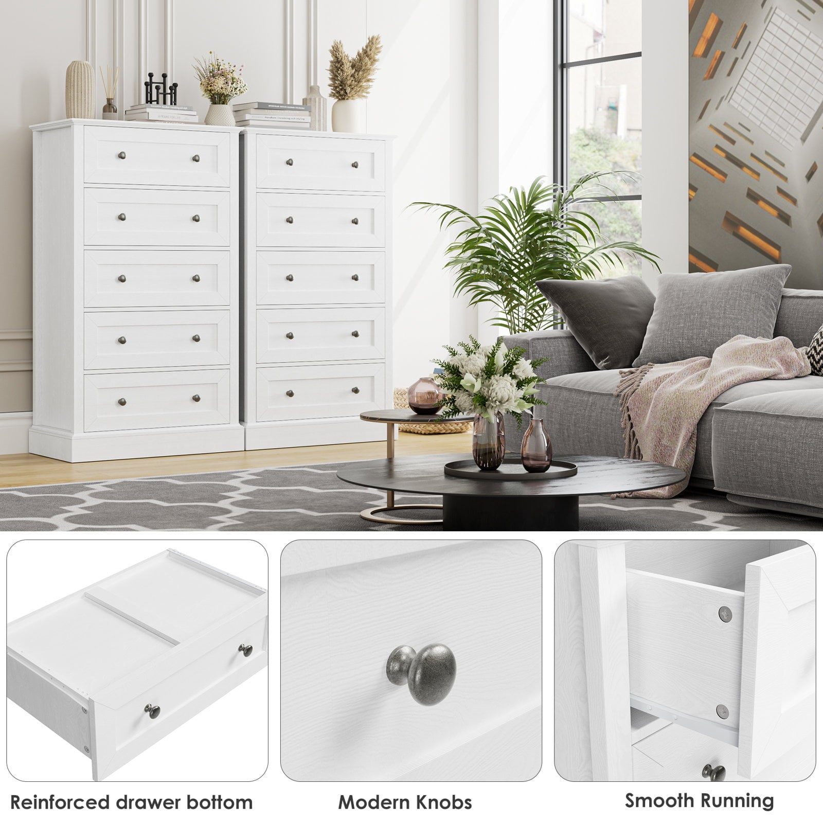 Homfa 5 Drawers Dresser with Sliver Handles, Modern Free Standing Storage Drawer for Bedroom, White Finish