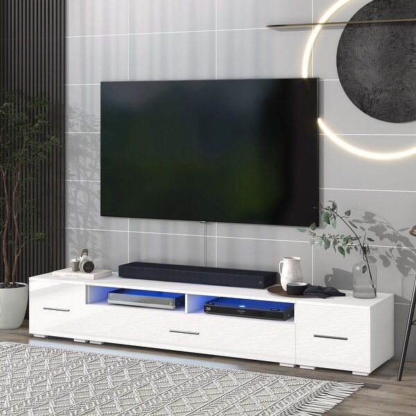 82''W Extended Minimalist RGB LED Lights TV Stand Modern Universal Entertainment Center High Gloss TV Cabinet for 90+ inch TV