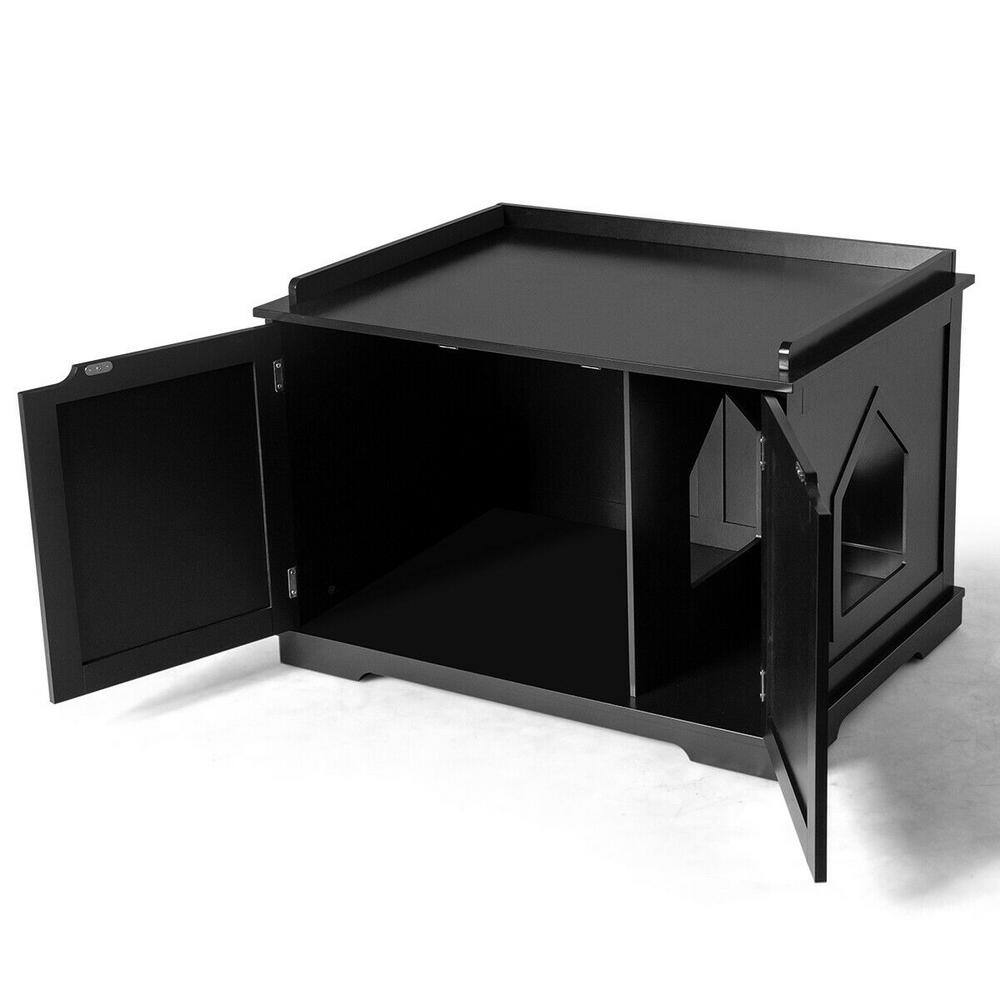 WELLFOR 29.5 in. W x 21 in. D x 20.5 in. H MDF Litter Box Cat Enclosure in Black with Double Doors for Large Cat and Kitty HW-HWY-65619BK