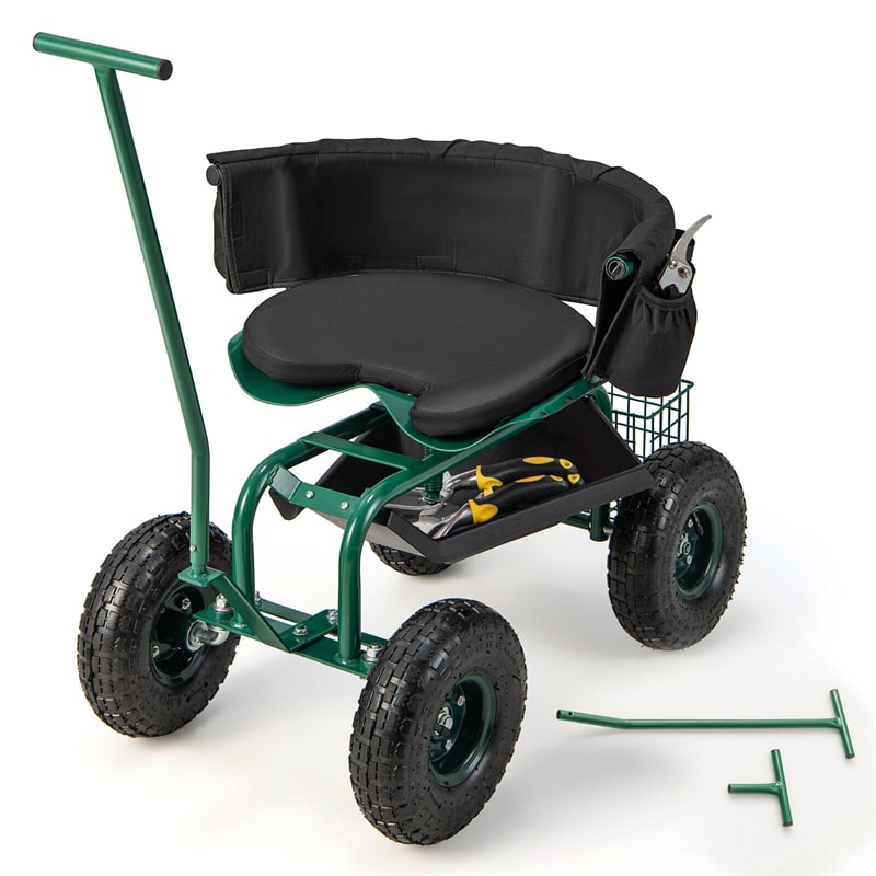 Rolling Garden Cart Gardening Workseat Adjustable Height Garden Scooter with Swivel Seat & Tool Storage