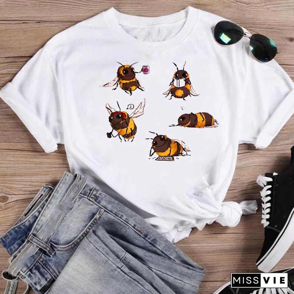 Women Print Bee Funny Clothing Cute Fashion Summer O-Neck T-Shirts Shirt Female Graphic T Top Short Sleeve Cartoon Tee T-Shirt