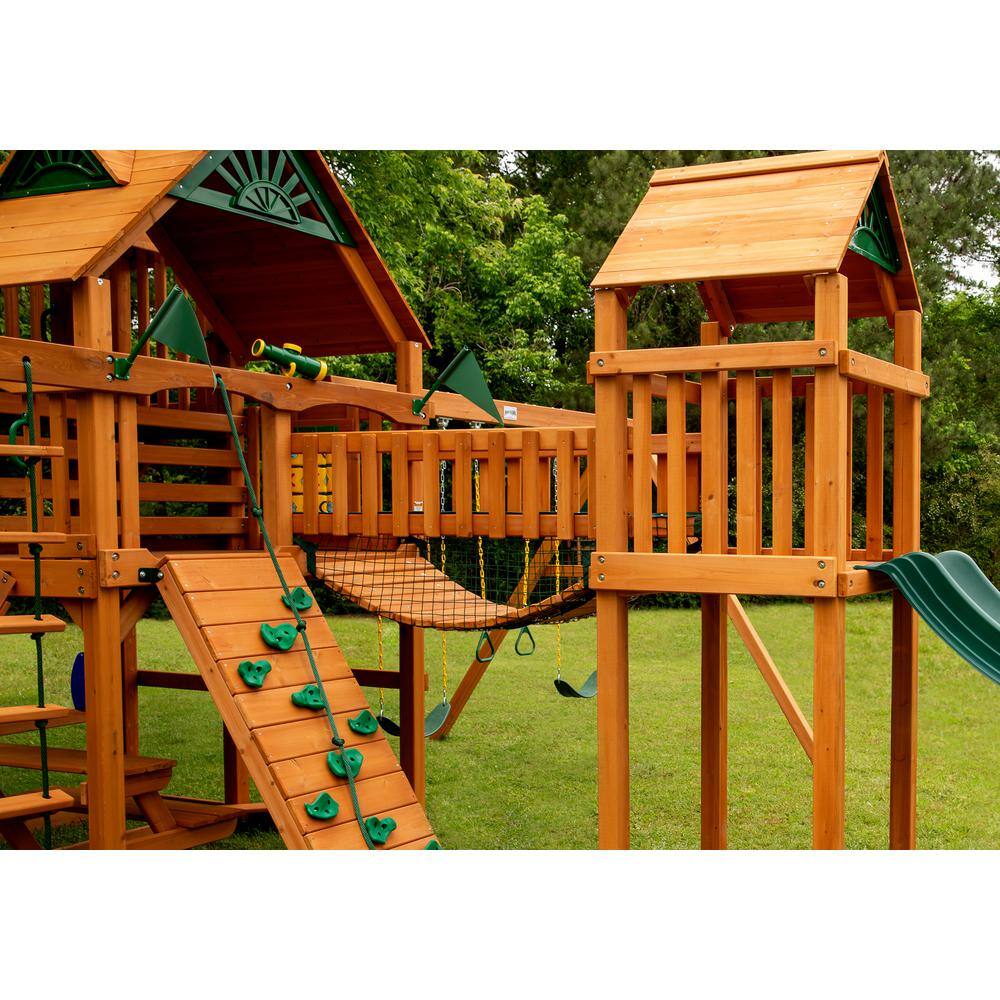 Gorilla Playsets Treasure Trove I Wooden Outdoor Playset with 2 Slides Clatter Bridge Rock Wall and Backyard Swing Set Accessories 01-1021-AP