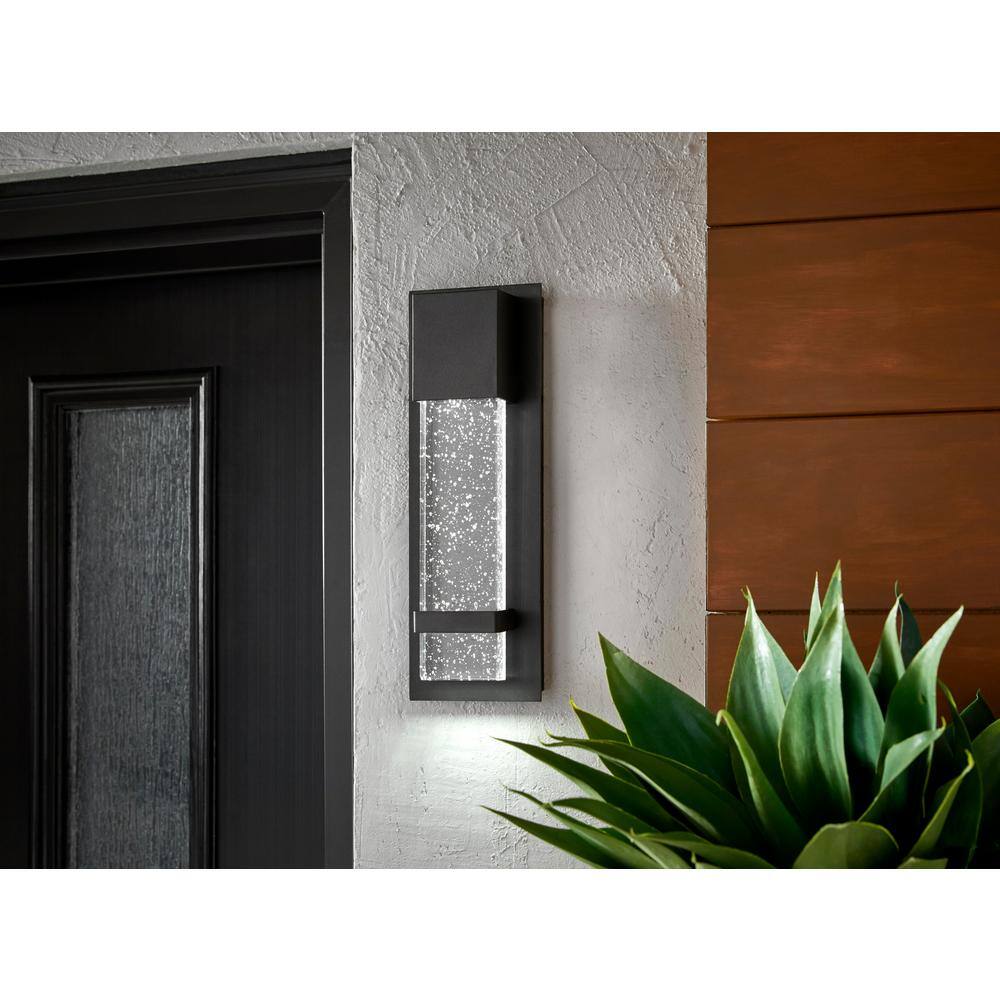 Home Decorators Collection 1-Light Black LED Integrated Outdoor Sconce Lantern Light with Seeded Glass HDP98270