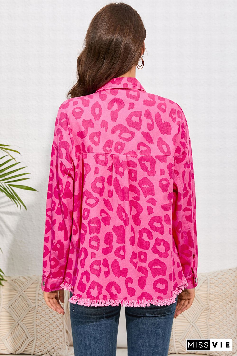 Pink Leopard Print Button Cuffs Raw Hem Jacket