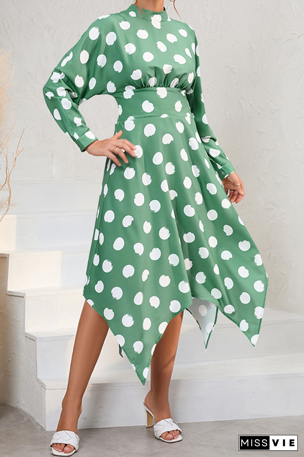 Long Sleeve High Waist Polka Dot Dress