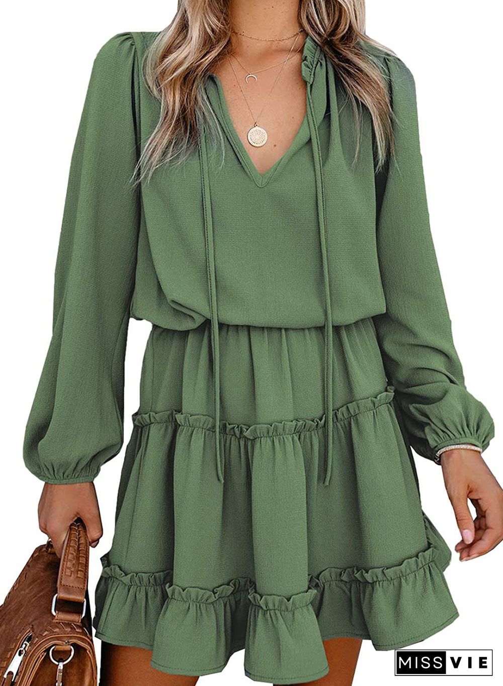 Ditsy Floral Prints Ruffle Edge Tiered Long Sleeve Boho Dress