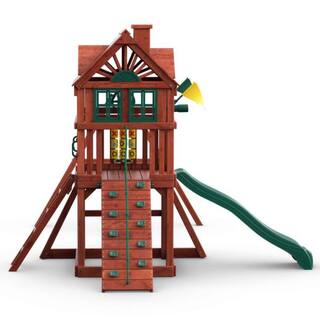 Gorilla Playsets Nantucket II Wooden Outdoor Playset with Wave Slide Rock Wall Sandbox Swings and Backyard Swing Set Accessories 01-0021