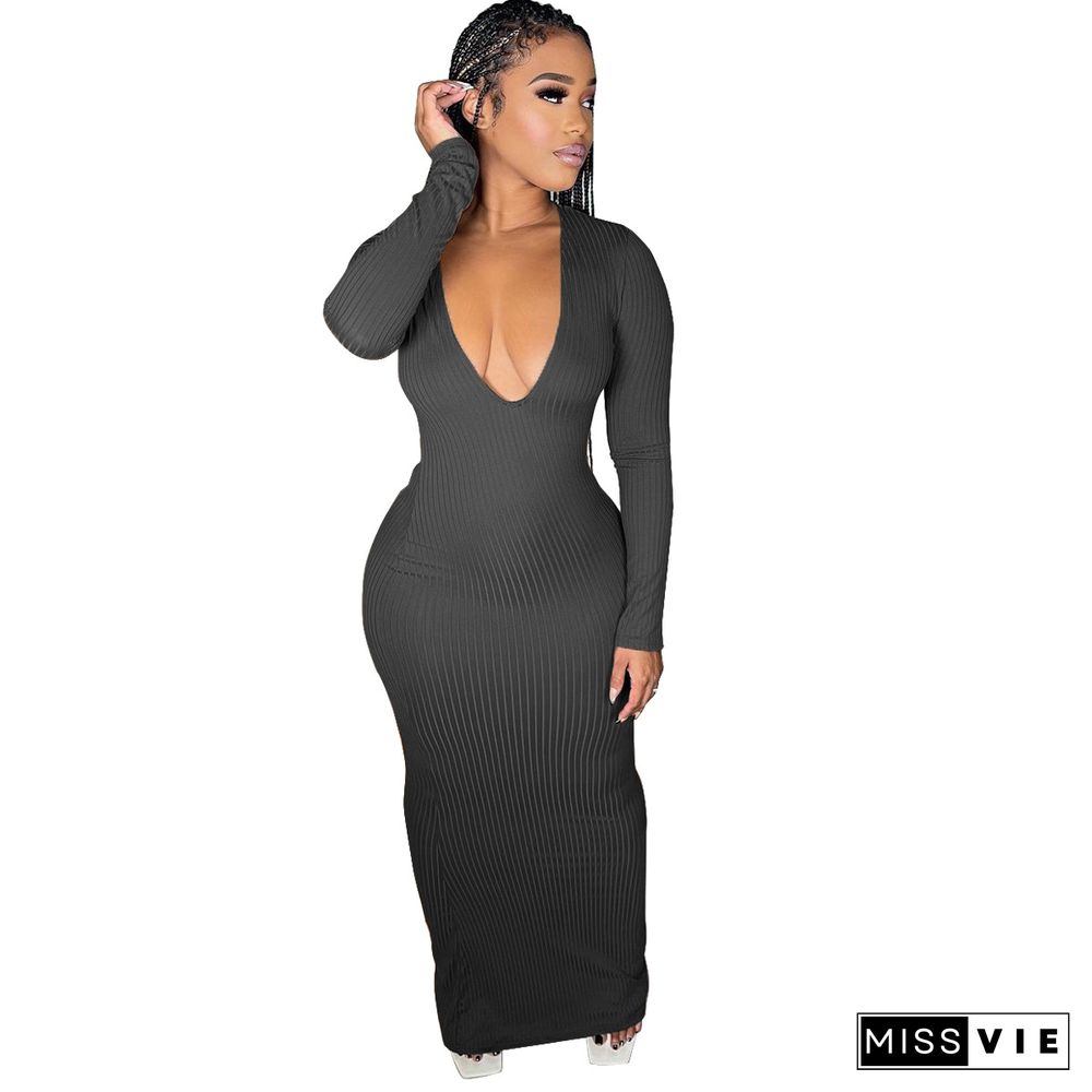 Solid V Neck Long Sleeves Bodycon Knitted Dress