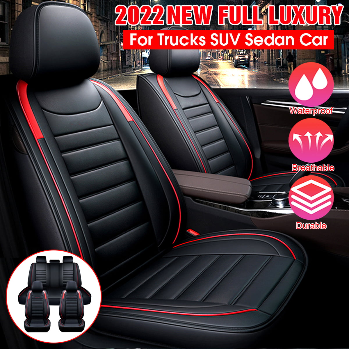 Universal Fit Car Seat Covers Set， 5 Seats Waterproof Leather Seat Covers Full Set for Cars SUV Van Pick-up Truck， Red