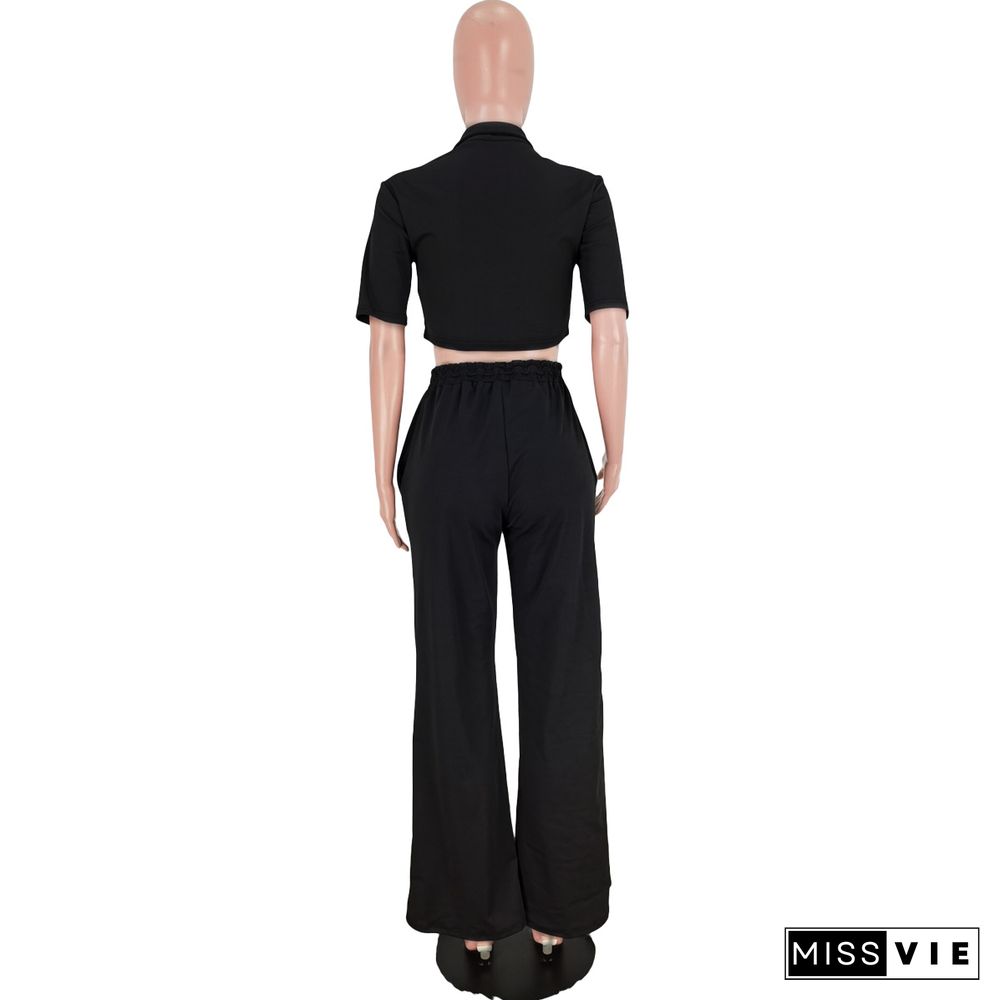 Zipper Short Sleeve Crop Top Wide Leg Pant Set