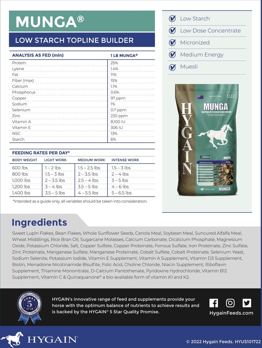 Hygain Munga Grain-Free Horse Feed， 44-lb bag