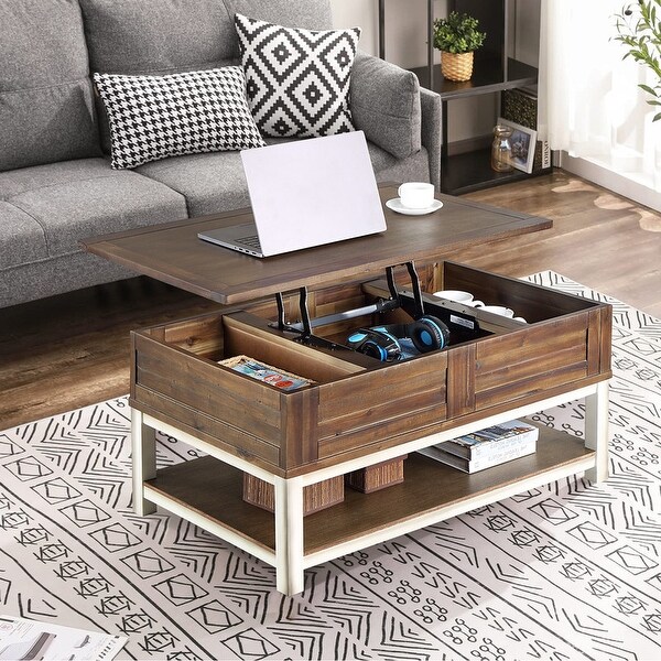 Rustic Farmhouse Extendable Lift Top Coffee Table Hidden Storage Drawer and Shelf Desk - L37.5