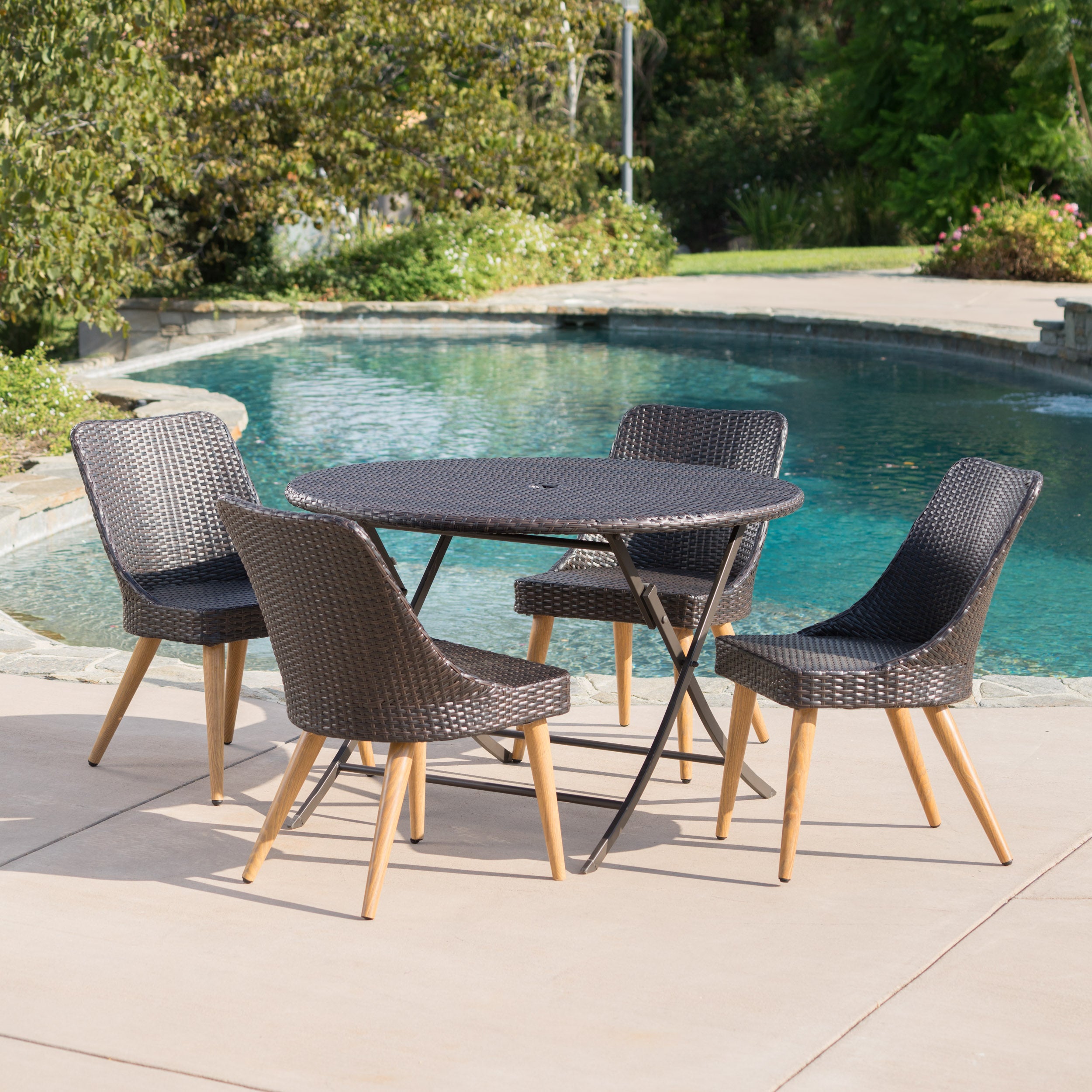 Othon Outdoor 5 Piece Multi-brown Wicker Dining Set with Table and Chairs