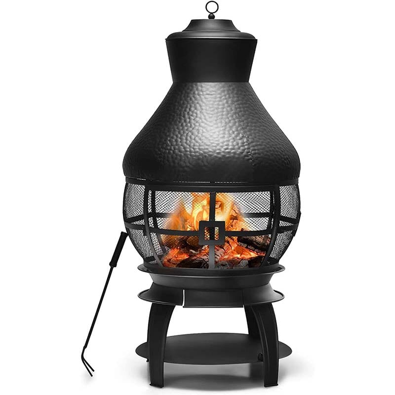 Outdoor Fireplace Chimenea Wood Burning Fire Pit with 2-Piece Log Grate, Premium Rain Cap & Fire Poker