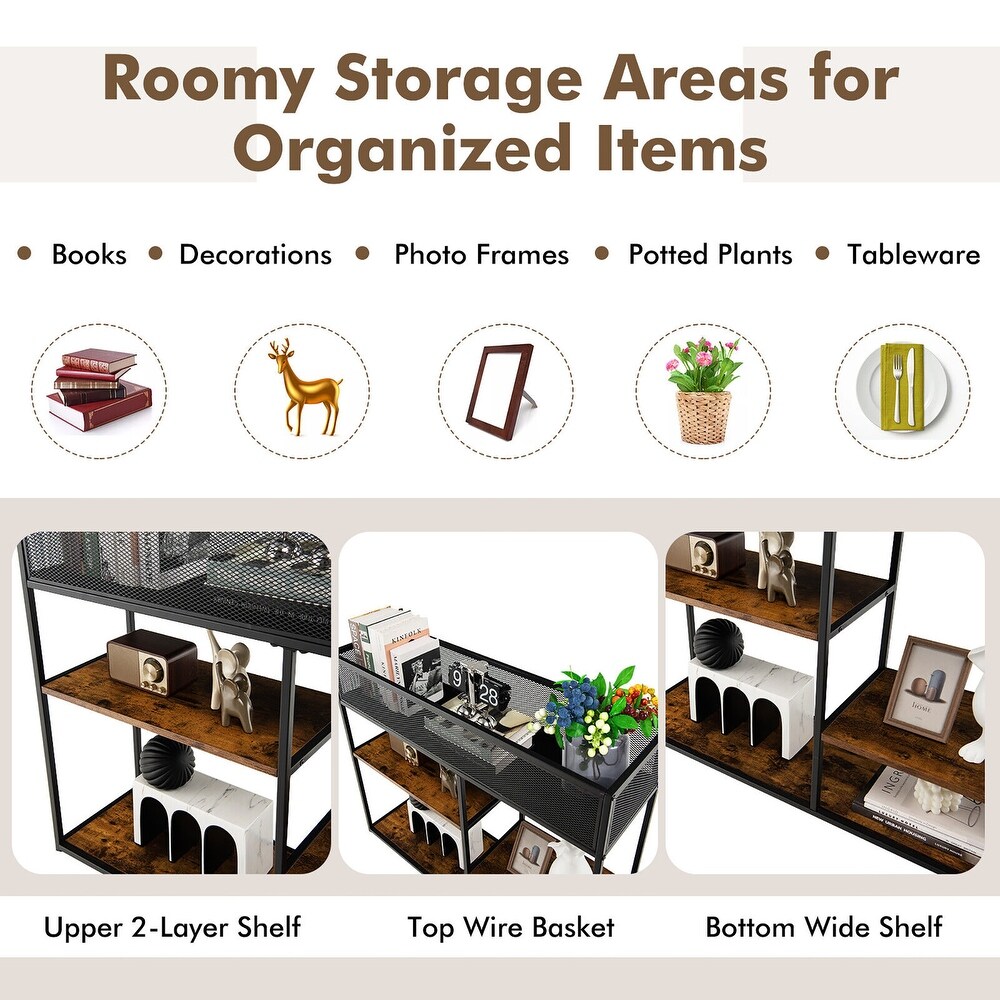 Gymax 4 Tier Console Table w/ Wire Basket Narrow Sofa Table w/ shelf