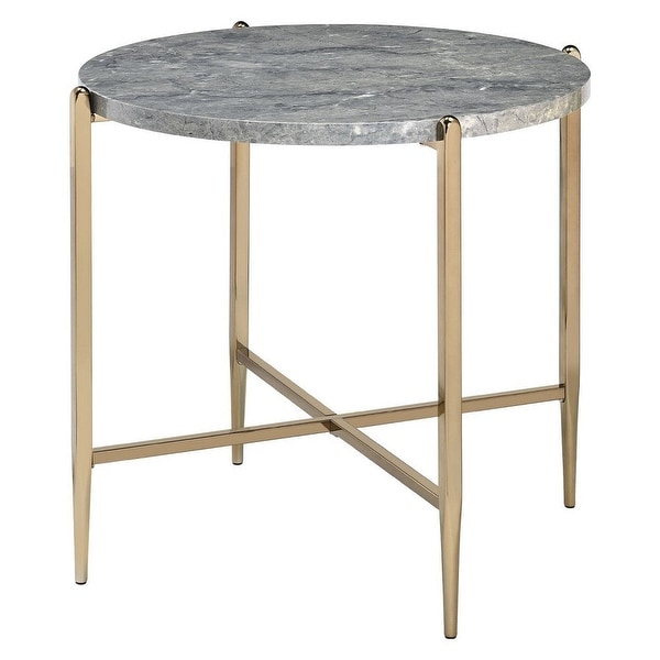 End Table with Oval Marble Top and X Shaped Support - Gray and Gold - 26 L x 26 W x 23.62 H Inches