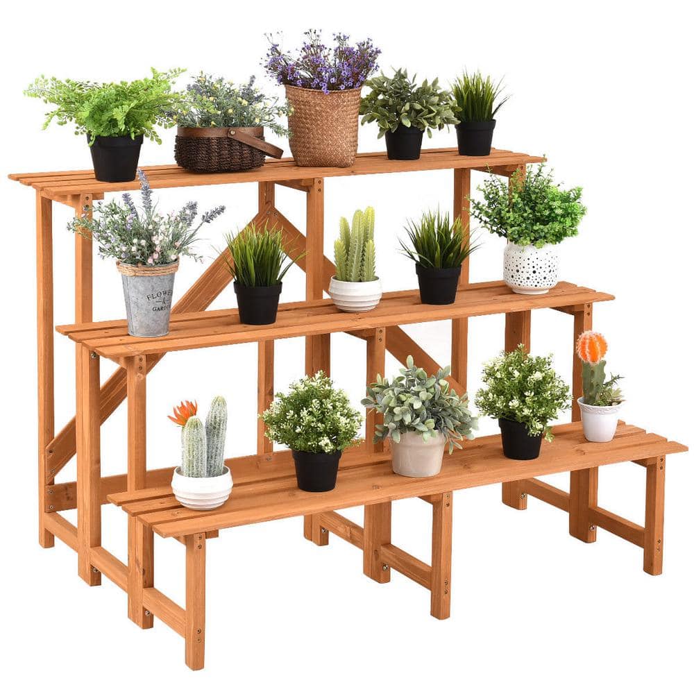 Costway 47 in. L x 31 in. W x 32.5 in. H Indoor/Outdoor Yellow Wood Plant Stand 3-Tier CYW50356