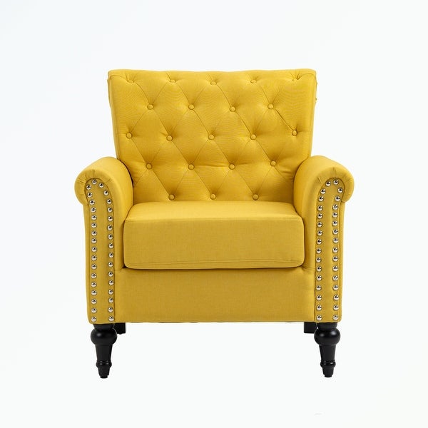 Linen Armchair with Tufted Back and Wood Legs