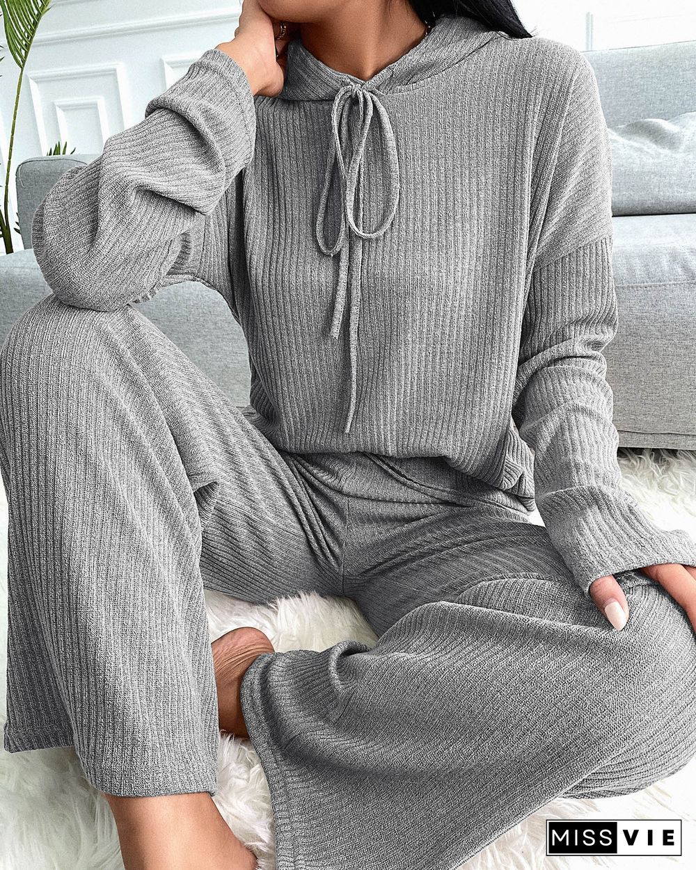 Plain Hooded Top & Drawstring Pants Set