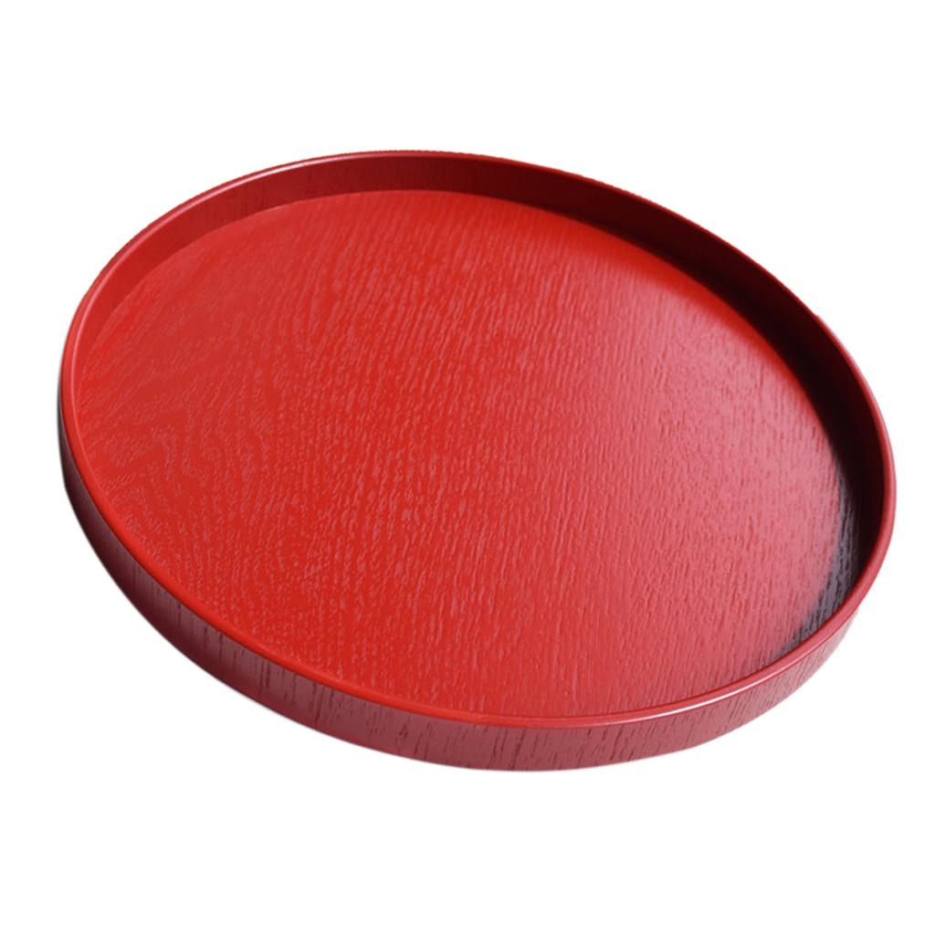 2x Round Wooden Plate Food Snack Serving Trays Salad Bowl Platter Red