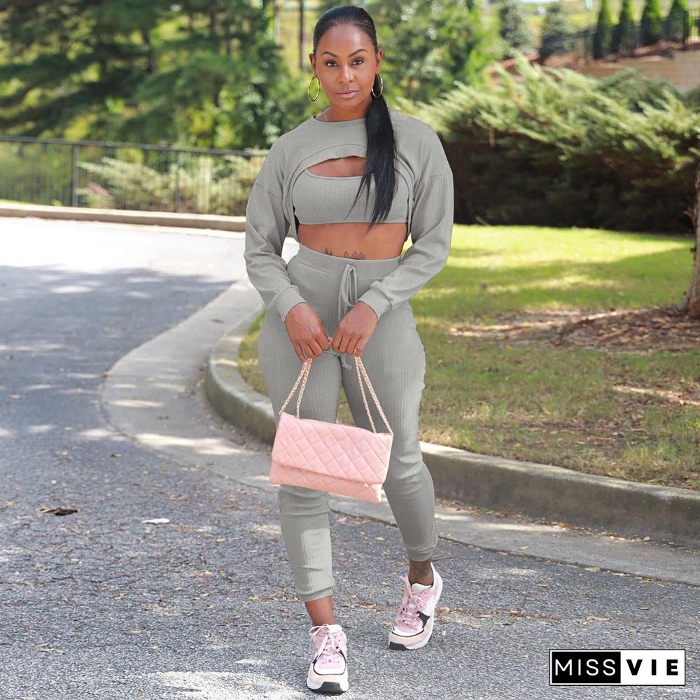 Long Sleeve Crop Top And Pants 3 Piece Sweatsuits